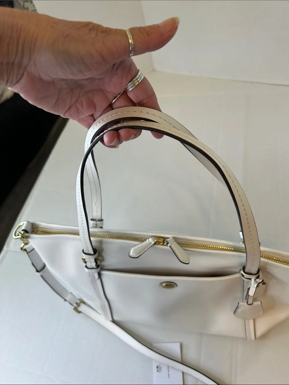 COACH PEYTON LEATHER JORDAN DOUBLE ZIP TOP TOTE CARRYALL IVORY COLOR